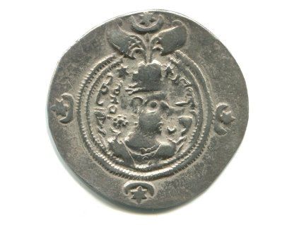 PERSIE. Chusro II. (590-628). Drachma. Mincovna AW = Hormozd-Ardoshir, provincie Khuzestan. Rok 3. Ag.