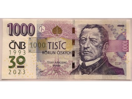 ČESKO. 1000 korun 2008 s přetiskem ČNB 1993-2023. Série R 62. Hej. CZ 36.