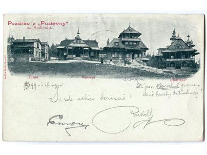 PUSTEVNY. Pozdrav z Pustevny na Radhošti. 1899. Adresát i odesílatel - děti Mikoláše Alše.