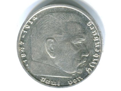 NĚMECKO. 2 Mark 1939/B. Hindenburg, hákový kříž. Ag.