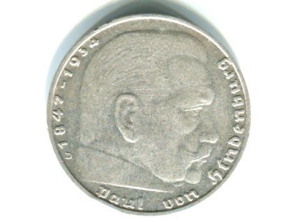 NĚMECKO. 5 Mark 1936/D. Hindenburg, hákový kříž. Ag.
