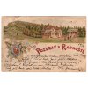 RADHOŠŤ. Pozdrav s Radhoště. Turistické útulny Pohorské jednoty Radhošť. 1897. Litografie.