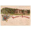 RADHOŠŤ. Pozdrav s Radhoště. Turistické útulny Pohorské jednoty Radhošť. 1899. Litografie.