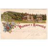 RADHOŠŤ. Pozdrav s Radhoště. Turistické útulny Pohorské jednoty Radhošť. 1899. Litografie.